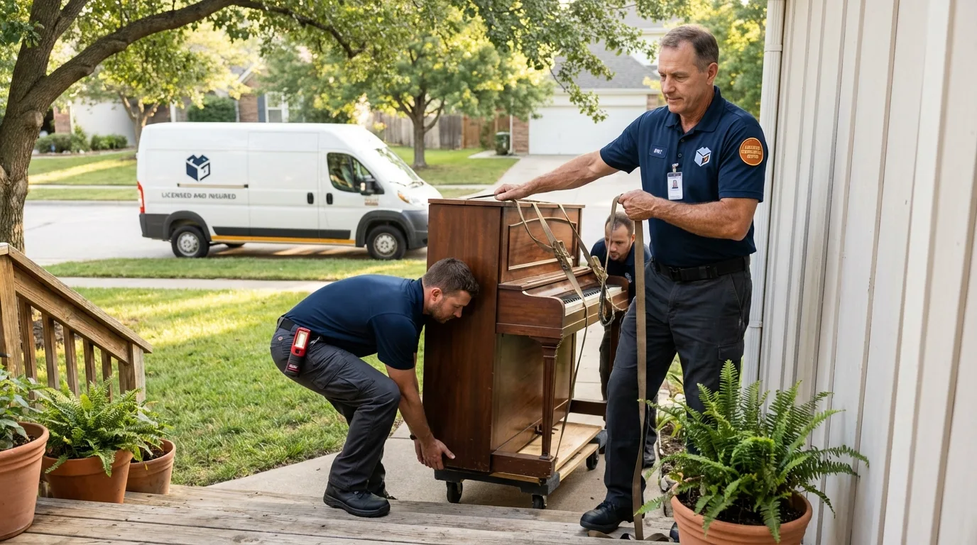 Licensed piano movers securing grand piano in Belpre, OH